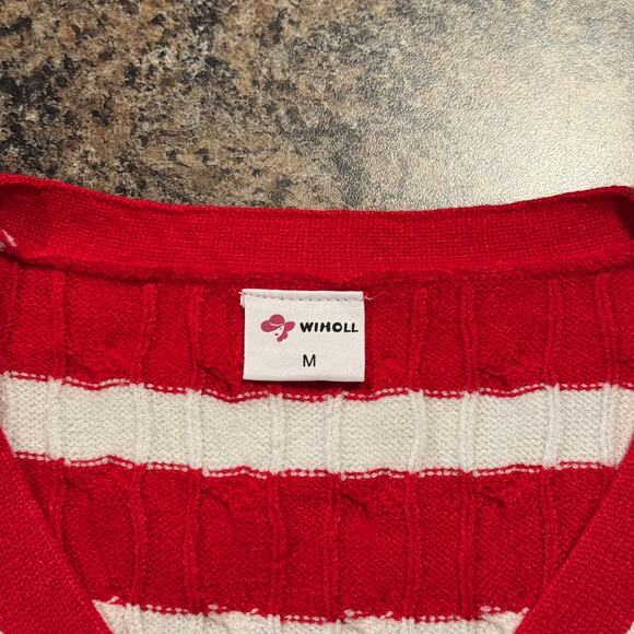 Sweater Vest Preppy Cable Knit Academia Cottage Grandpa Button Stripe Red Medium - Picture 2 of 6